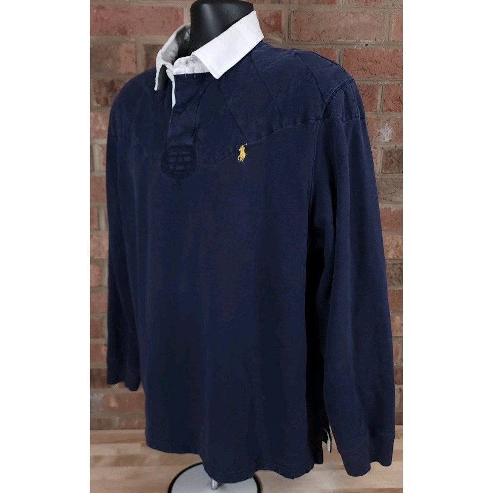 Polo Ralph Lauren Long Sleeve Blue White Rugby Shirt Custom Fit Mens Size XL - Picture 2 of 7